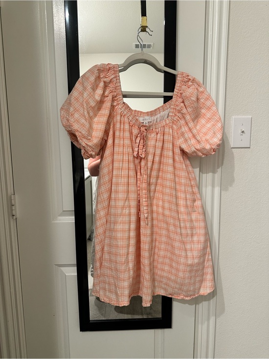 Mable Dresses & Skirts - Peach Plaid Puff-Sleeve Mini Dress with Tie Front